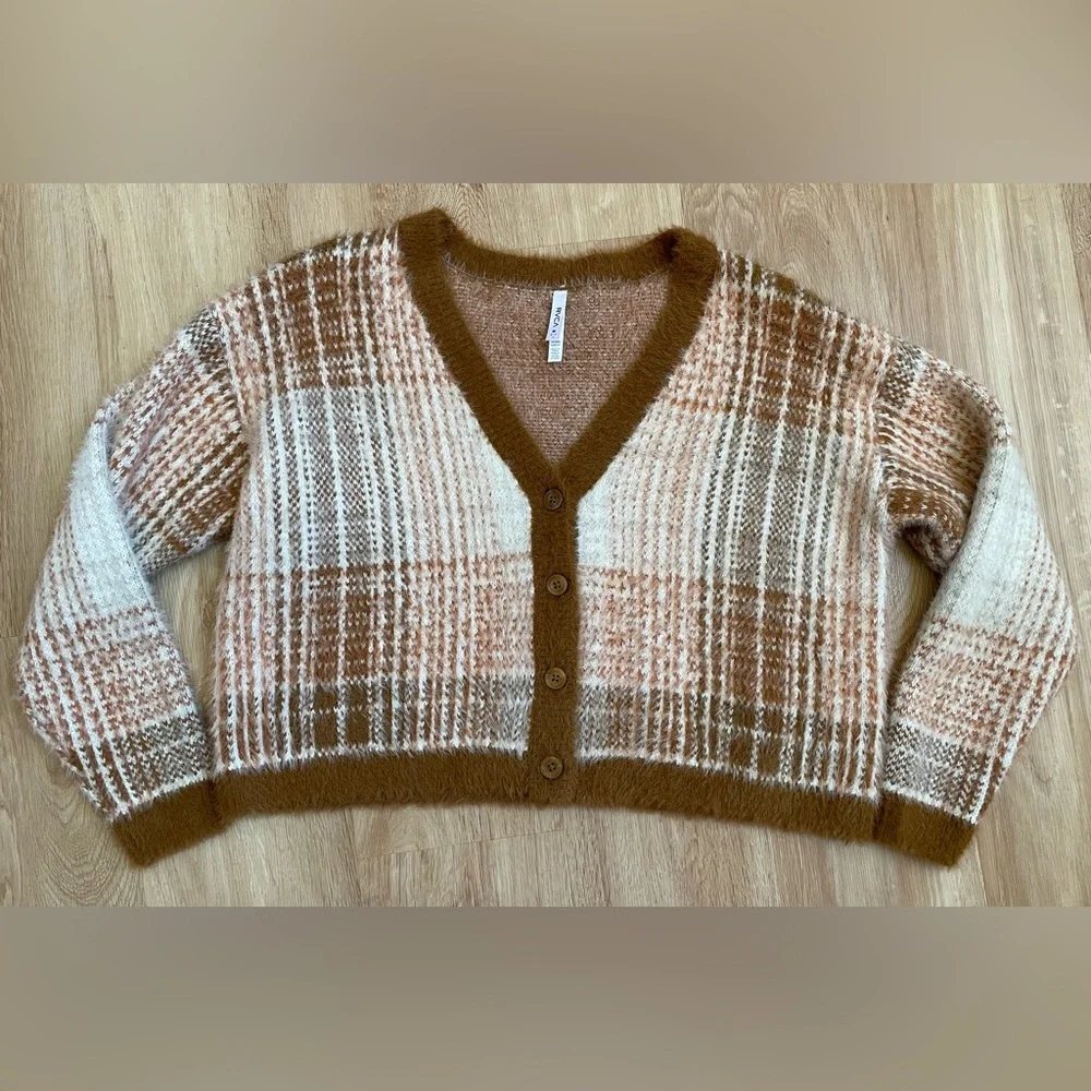 RVCA rare plaid v-neck cardigan women’s medium sweater brown tan cream unisex - Picture 6 of 10